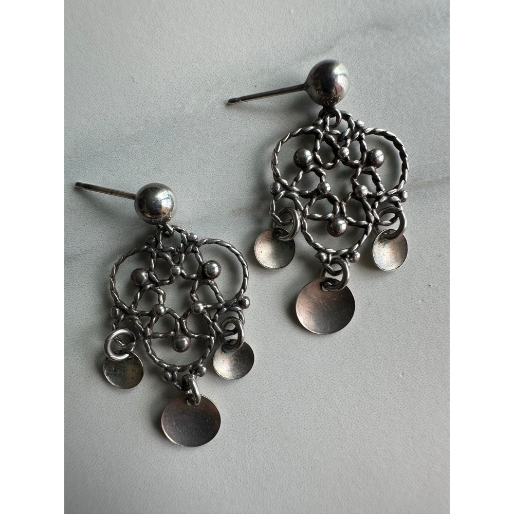 Vintage Sterling Silver Filigree Chandelier Drop Earrings with Disc Dangles